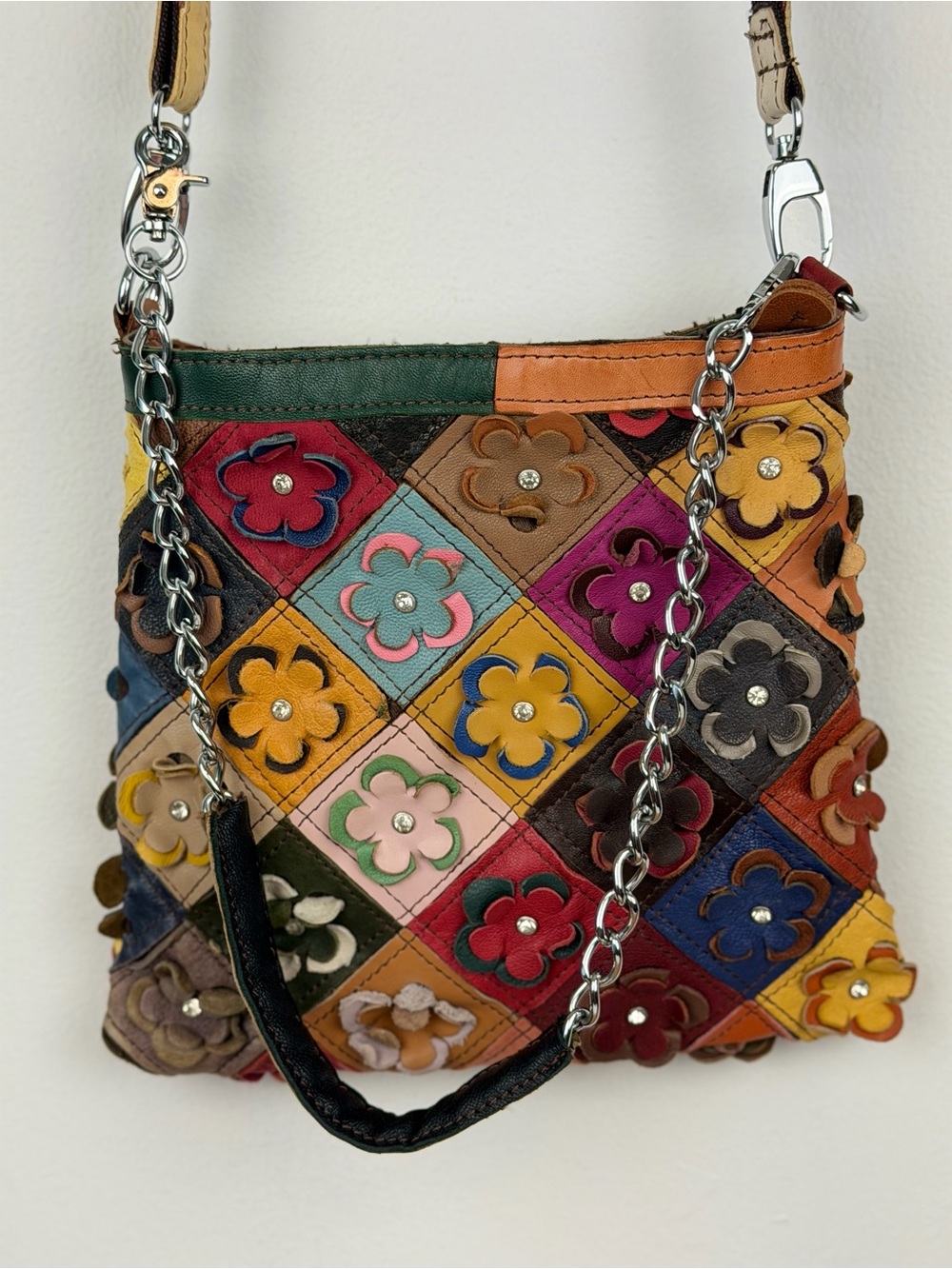 3D Floral Leather Multicolor Patchwork Crossbody Bag